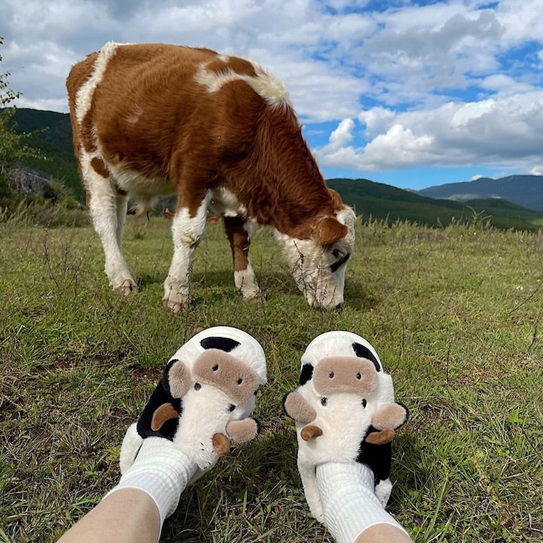 Cute white and black cow plush slide slippers with brown horns and big nose, fuzzy indoor shoes with TPR sole