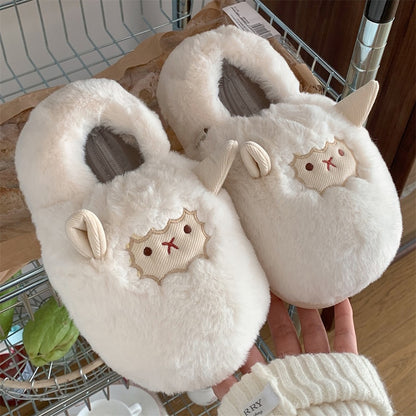Cute milky white fluffy sheep bootie slippers with stitched face and small horns, closed-back fuzzy indoor shoes with EVA sole