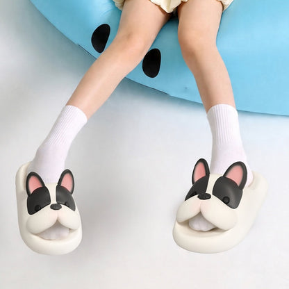 Cute animal French bulldog EVA slide sandals with black ears and pink inner ear, textured footbed indoor shoes with EVA sole