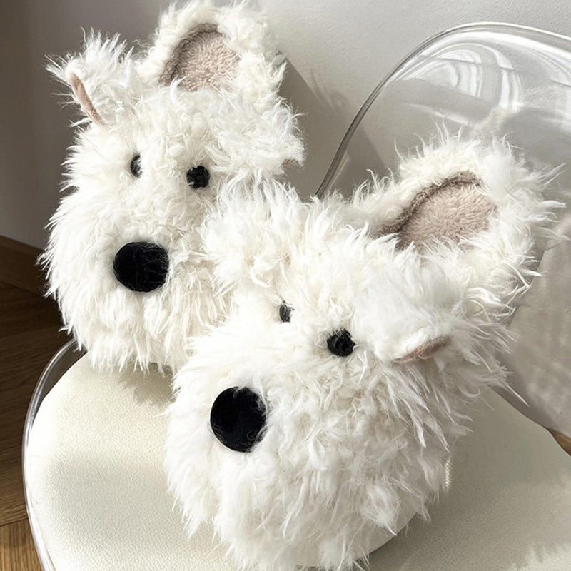 Cute white shaggy dog plush slippers with large black nose and dot eyes, fuzzy indoor shoes with EVA sole