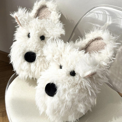 Cute white shaggy dog plush slippers with large black nose and dot eyes, fuzzy indoor shoes with EVA sole