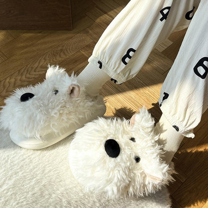 Cute white shaggy dog plush slippers with large black nose and dot eyes, fuzzy indoor shoes with EVA sole