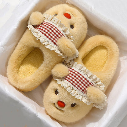 Cute yellow bear plush slippers with blue gingham hat and red nose, ruffled trim indoor shoes with EVA sole