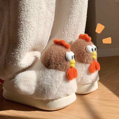 White cartoon chicken design plush slippers featuring large eyes and a vibrant orange comb, soft indoor footwear with EVA sole