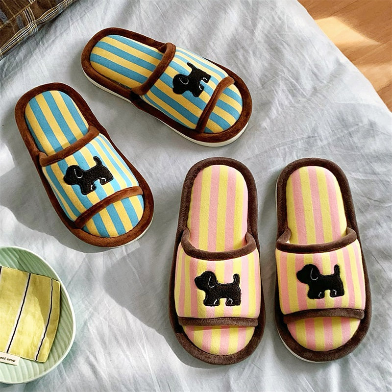 Cute blue striped dog design slippers with black dog silhouette and brown trim, indoor shoes with EVA sole