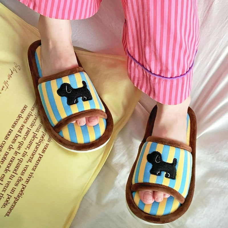 Cute blue striped dog design slippers with black dog silhouette and brown trim, indoor shoes with EVA sole