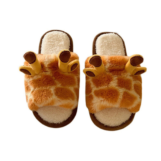 oft plush giraffe slippers with spotted pattern and 3D brown horns, fuzzy indoor footwear with PVC sole