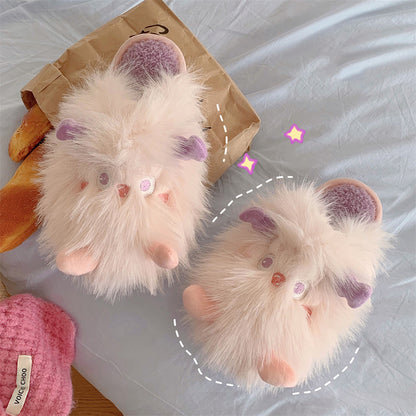Extra fluffy pink sprite character plush slippers featuring purple ears and soft cheek patches, cozy indoor footwear with PVC sole