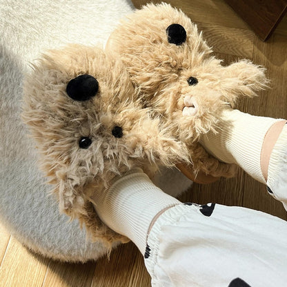 Cute brown shaggy dog plush slippers with large black nose and dot eyes, fuzzy indoor shoes with EVA sole
