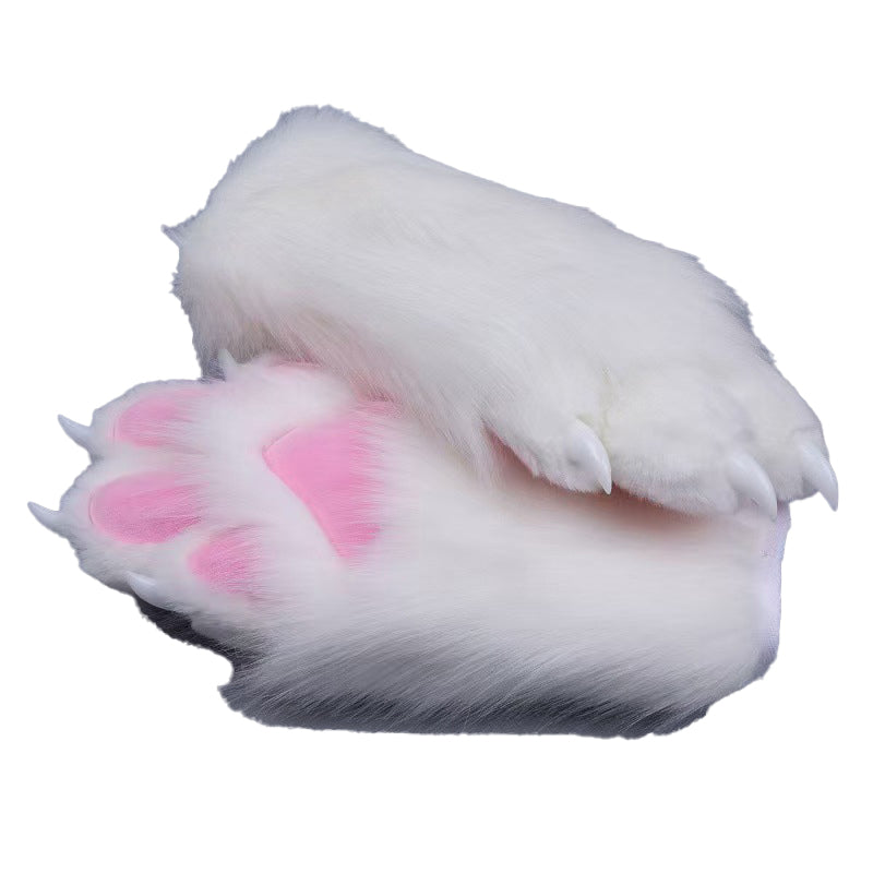 Plush cosplay paw gloves with white back fingers and pink palm pads, paired with semi-transparent black claws, soft lined furry mitts