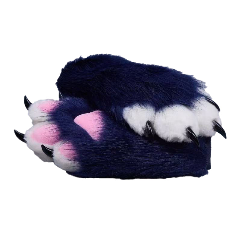 Plush cosplay paw gloves with white back fingers and pink palm pads, paired with semi-transparent black claws, soft lined furry mitts