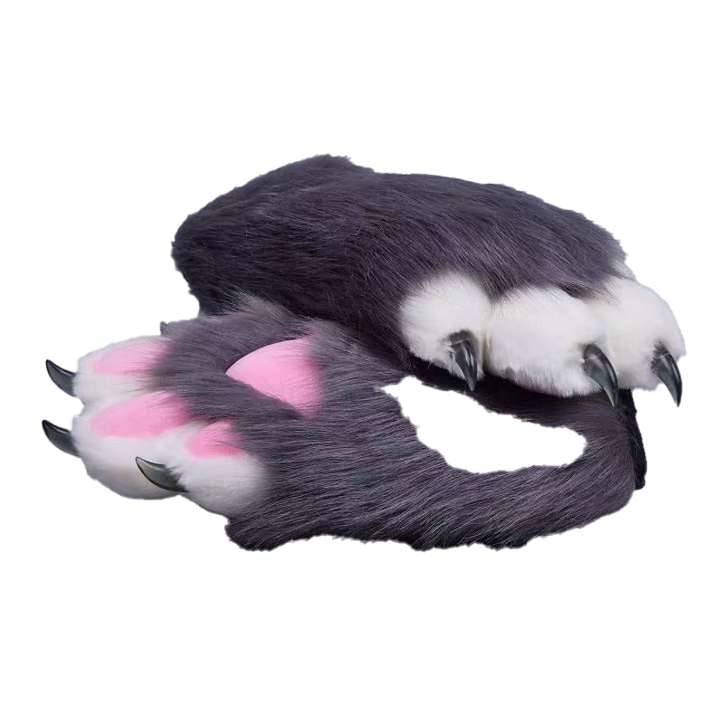 Plush cosplay paw gloves with white back fingers and pink palm pads, paired with semi-transparent black claws, soft lined furry mitts