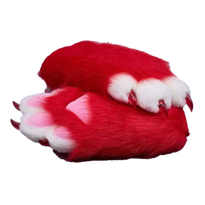 Plush cosplay paw gloves with white back fingers and pink palm pads, paired with semi-transparent black claws, soft lined furry mitts