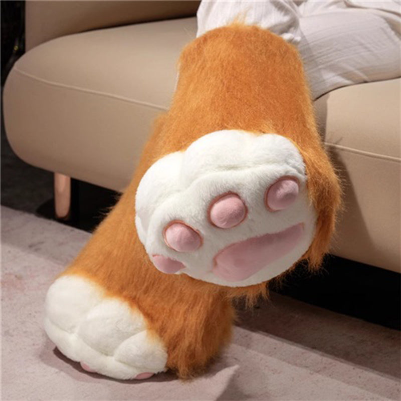 Brown plush animal paw cosplay boots with oversized pink main pad details, soft fabric lined tall shoes with suede bottom