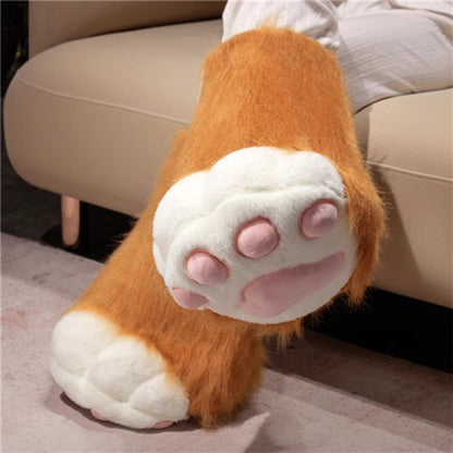 Brown plush animal paw cosplay boots with oversized pink main pad details, soft fabric lined tall shoes with suede bottom