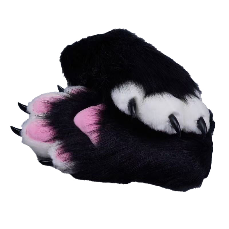 Plush cosplay paw gloves with white back fingers and pink palm pads, paired with semi-transparent black claws, soft lined furry mitts