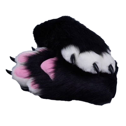 Plush cosplay paw gloves with white back fingers and pink palm pads, paired with semi-transparent black claws, soft lined furry mitts
