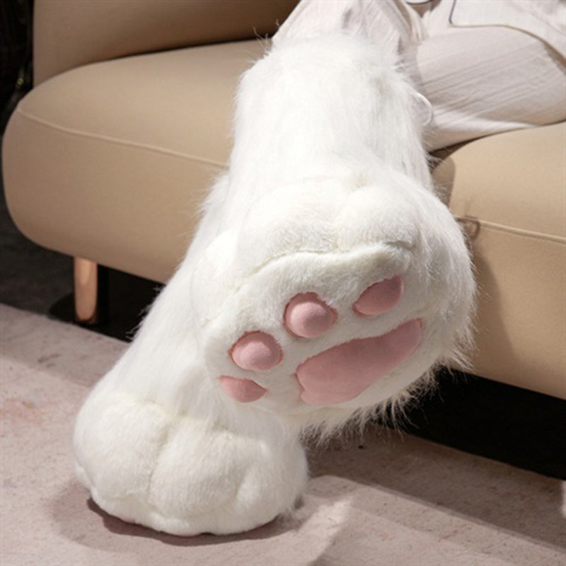 Pure white faux fur cat paw style boots with realistic pink toe pads, 13.78-inch tall cosplay footwear with a scratch-resistant suede base