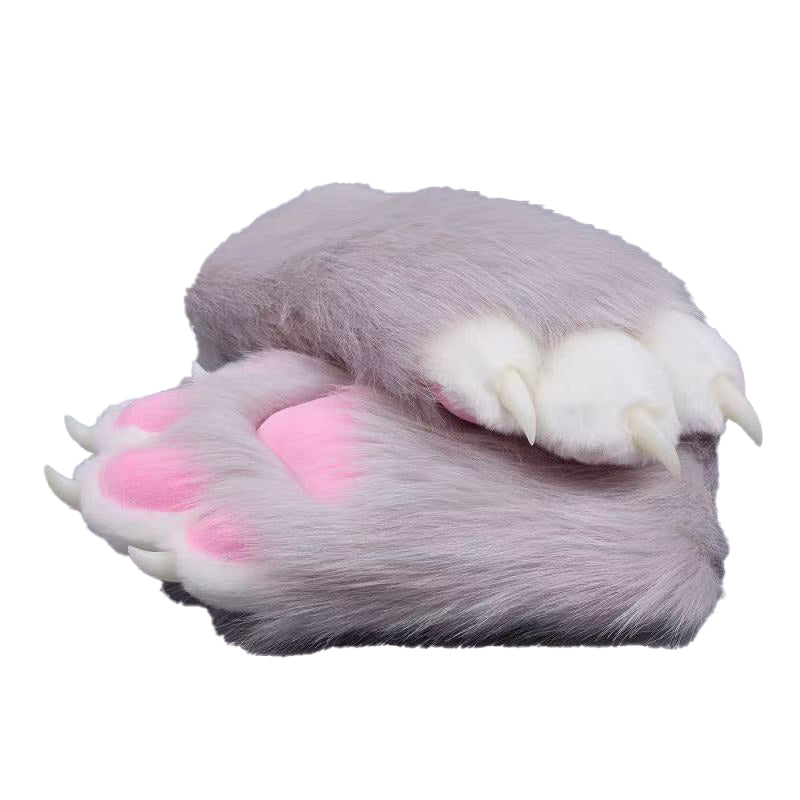 Plush cosplay paw gloves with white back fingers and pink palm pads, paired with semi-transparent black claws, soft lined furry mitts