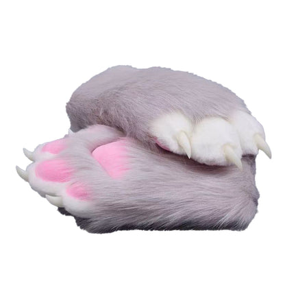 Plush cosplay paw gloves with white back fingers and pink palm pads, paired with semi-transparent black claws, soft lined furry mitts