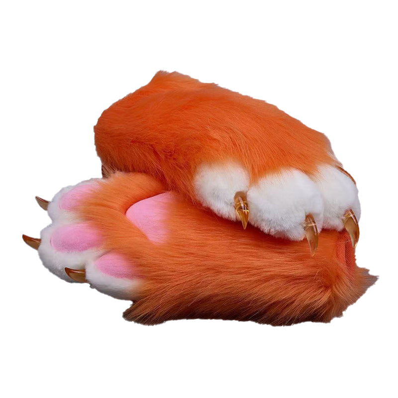 Plush cosplay paw gloves with white back fingers and pink palm pads, paired with semi-transparent black claws, soft lined furry mitts