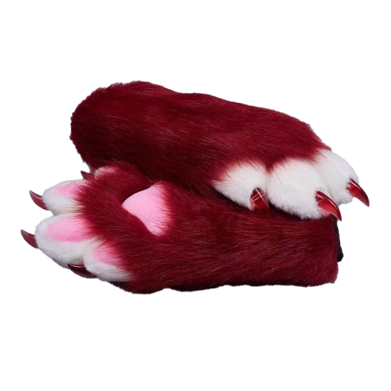 Plush cosplay paw gloves with white back fingers and pink palm pads, paired with semi-transparent black claws, soft lined furry mitts