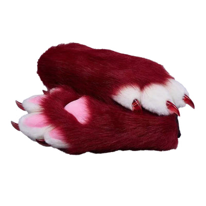 Plush cosplay paw gloves with white back fingers and pink palm pads, paired with semi-transparent black claws, soft lined furry mitts