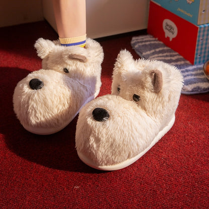 White westie dog shaped plush slippers featuring pointed ears and a black nose, cozy indoor footwear with EVA sole