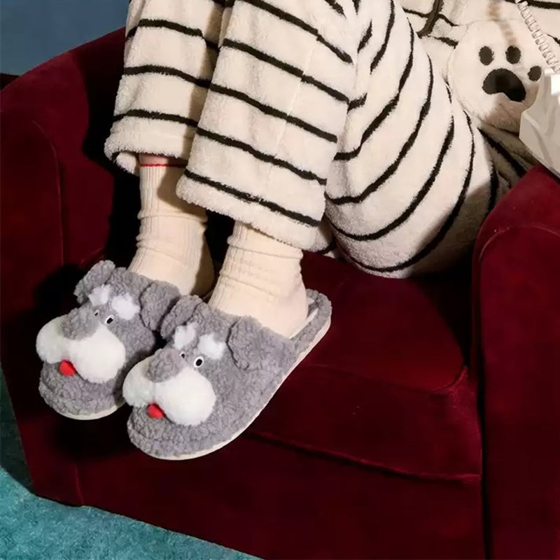 Gray winter cute schnauzer dog slippers aesthetic warm plush house shoes