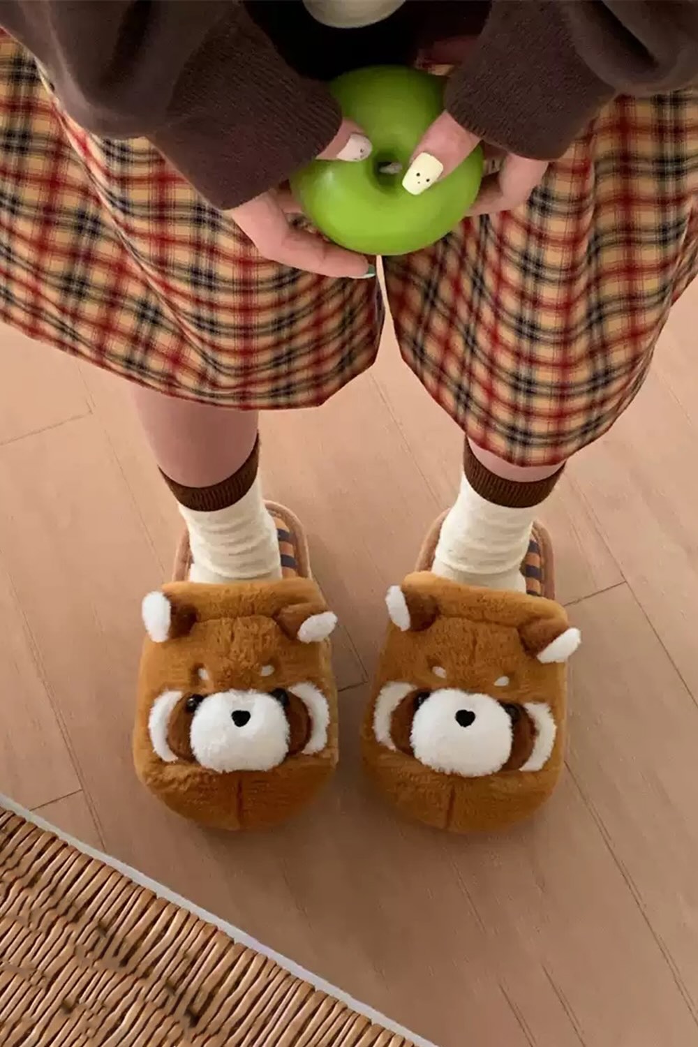 Winter cute brown raccoon slippers aesthetic warm plush house shoes