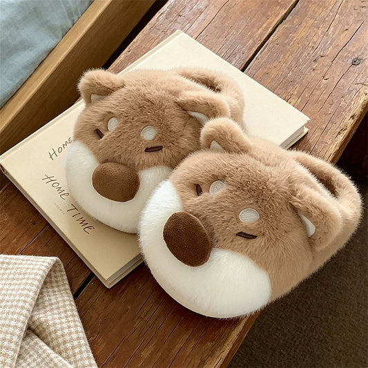 Brown winter cute big nose shiba dog slippers aesthetic warm plush house shoes