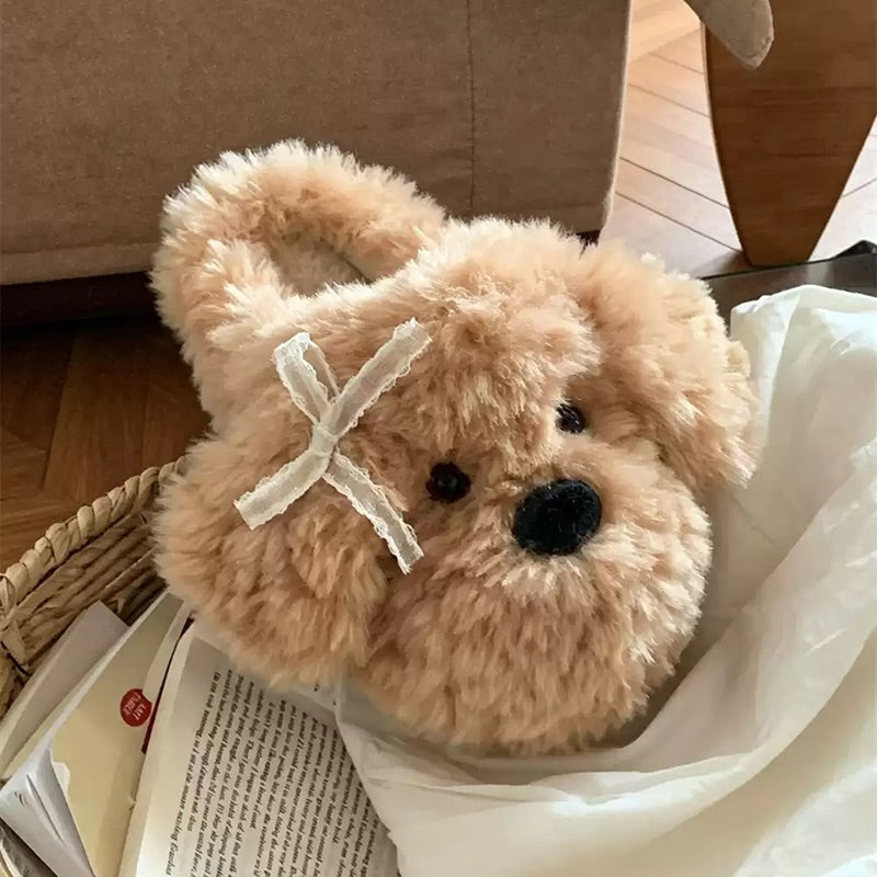 Brown winter cute bichon dog slippers aesthetic warm plush house shoes
