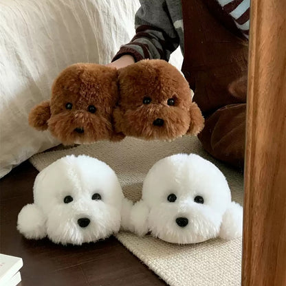 Winter Cute White Teddy Dog Slippers Aesthetic Warm Plush House Shoes