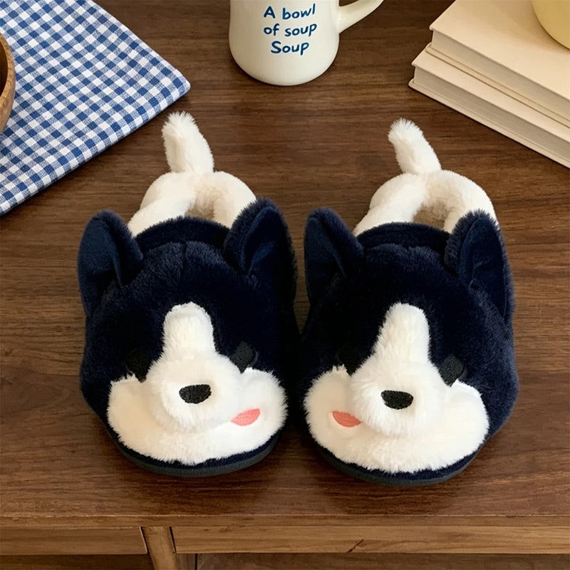 Blue winter cute husky dog slippers aesthetic warm plush house shoes