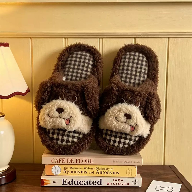 Brown cute cartoon open toe dog plush slippers eva sole indoor shoes
