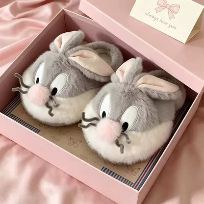 Gray winter cute whisker bunny slippers aesthetic warm plush house shoes