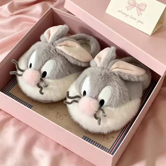 Gray winter cute whisker bunny slippers aesthetic warm plush house shoes