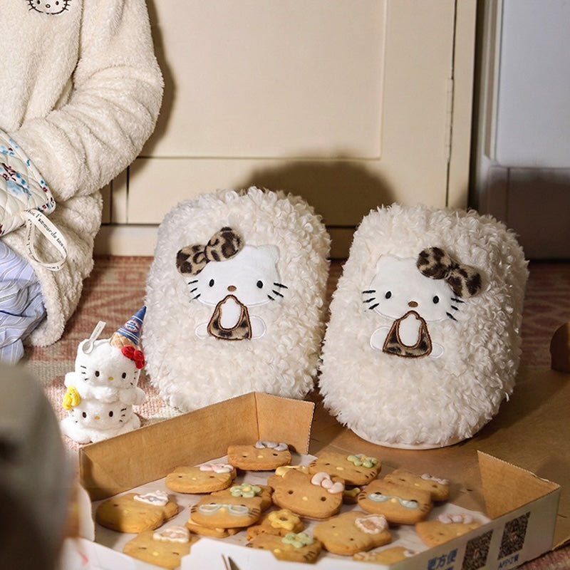 White winter leopard bow cute hello kt cat slippers aesthetic warm plush house shoes