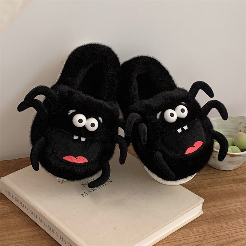 Black plush spider monster slippers with white eyes and black legs, cozy indoor shoes with EVA sole