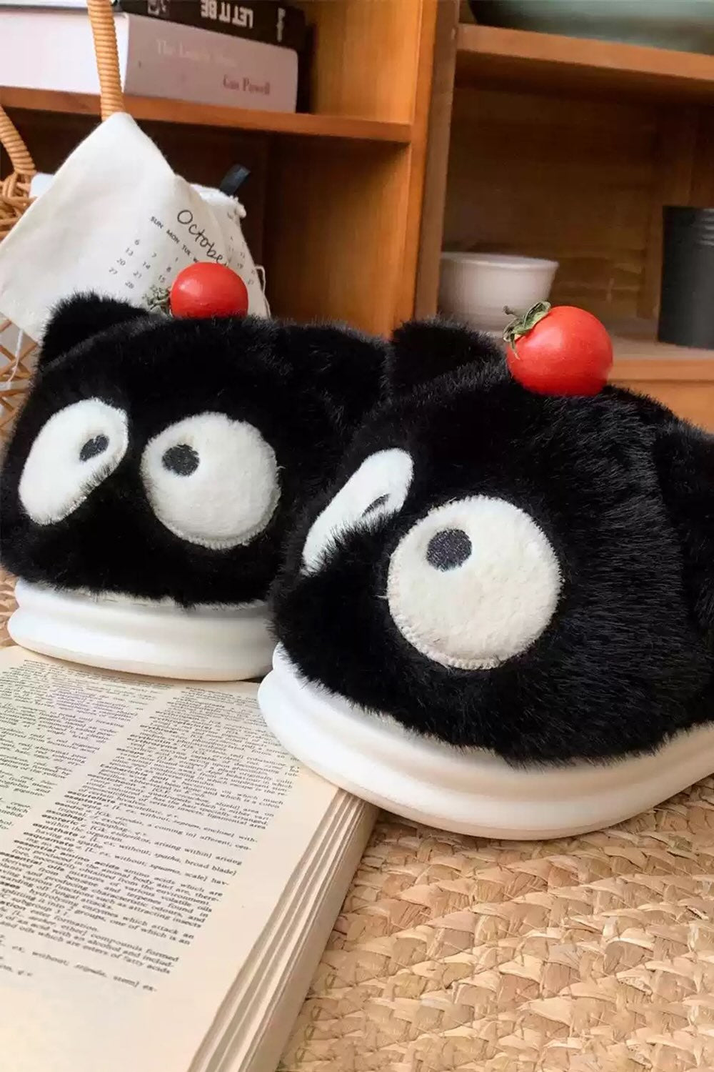 Winter black cute cat slippers aesthetic warm plush house shoes