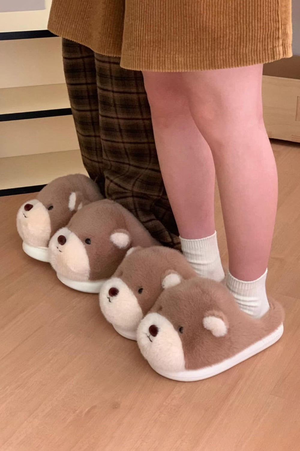 Winter cute light brown teddy bear slippers aesthetic warm plush house shoes