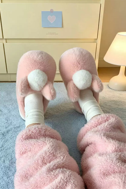 Winter cute pink bunny slippers aesthetic warm plush house shoes