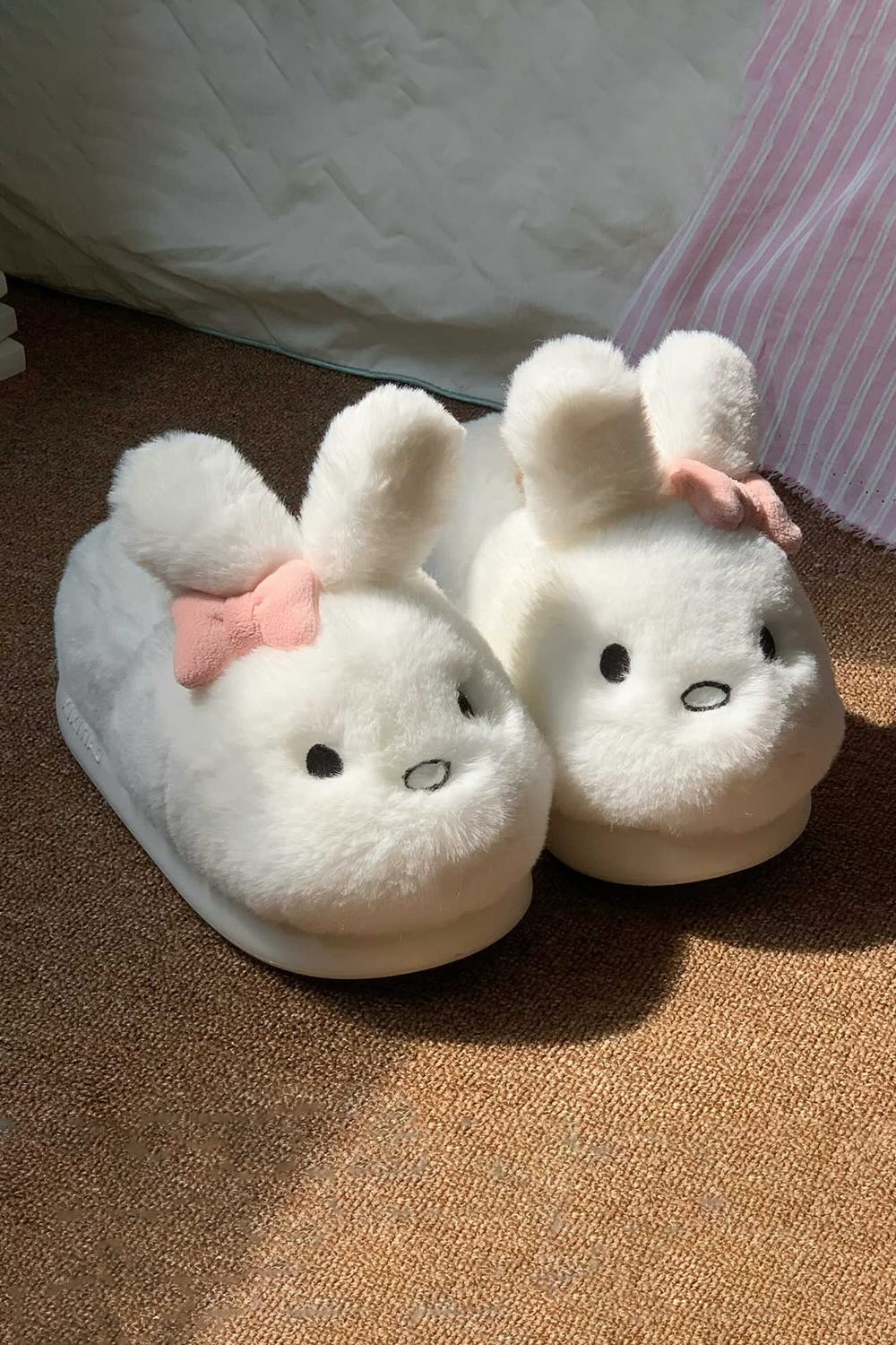 Winter cute white bunny slippers aesthetic warm plush house shoes