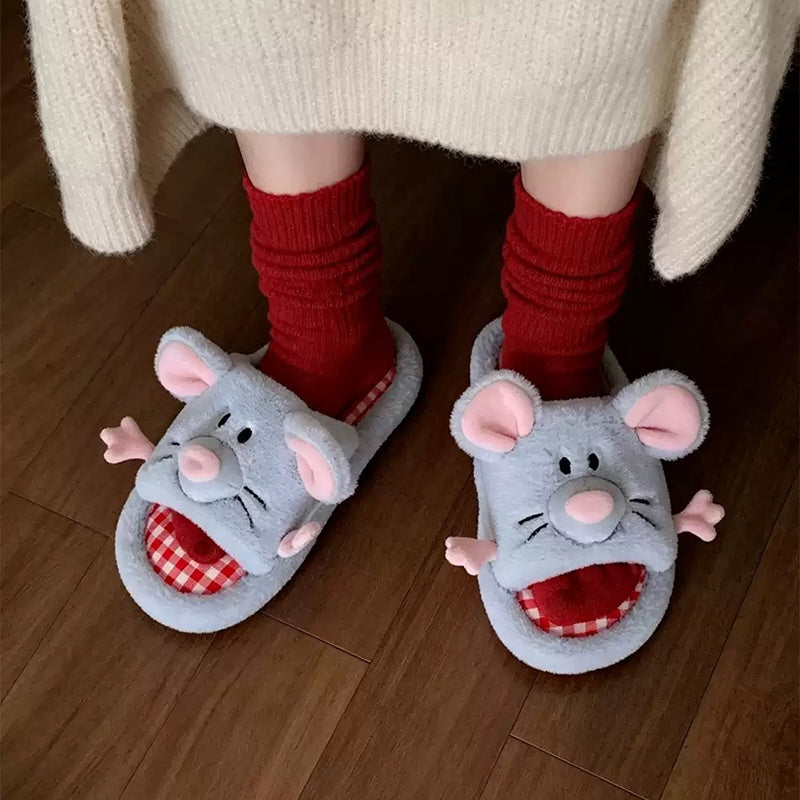 Sky blue all season open toe plush mouse slippers eva sole indoor shoes
