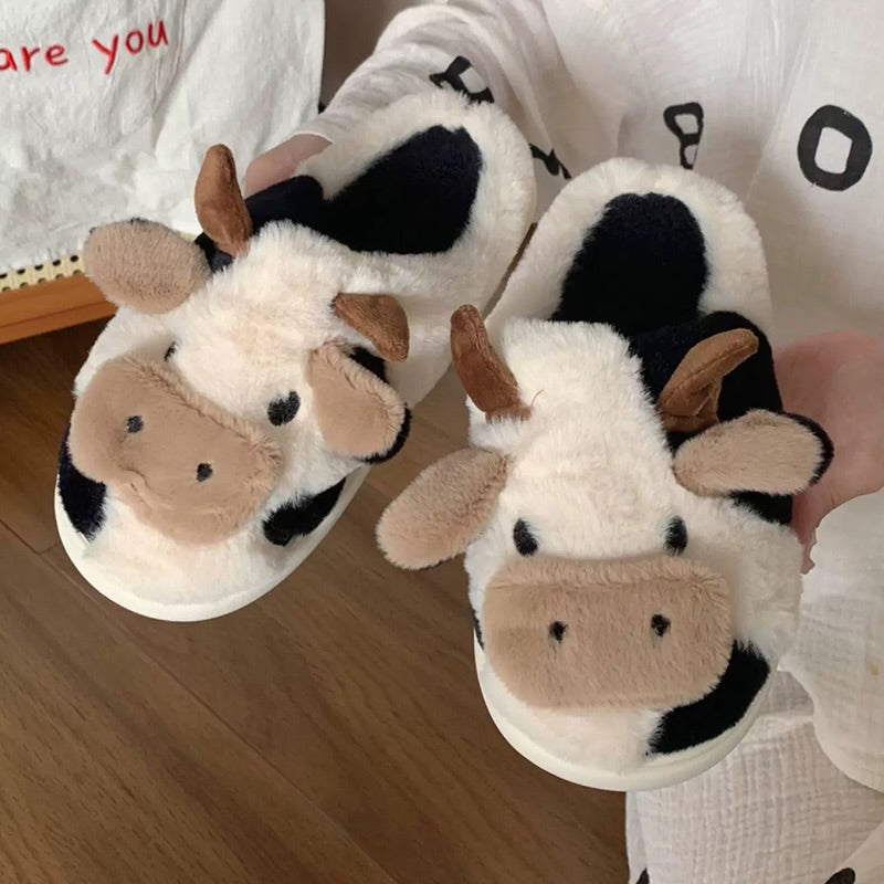 Animal winter cute adorable cow slippers aesthetic warm plush house shoes