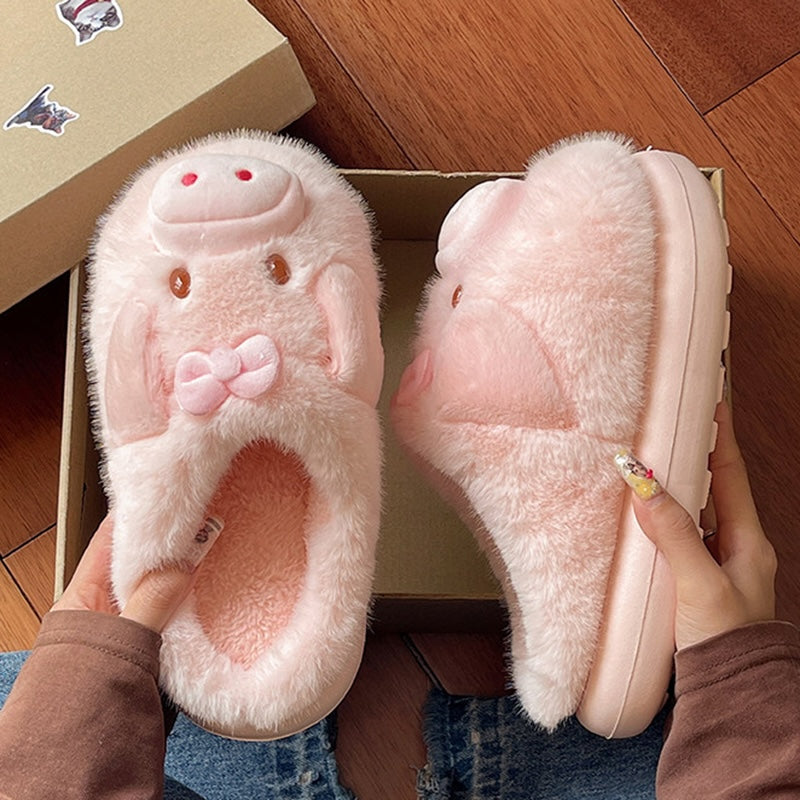 Pink winter cute 3d pig bow slippers aesthetic warm plush house shoes