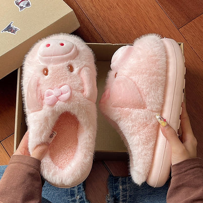 Pink winter cute 3d pig bow slippers aesthetic warm plush house shoes