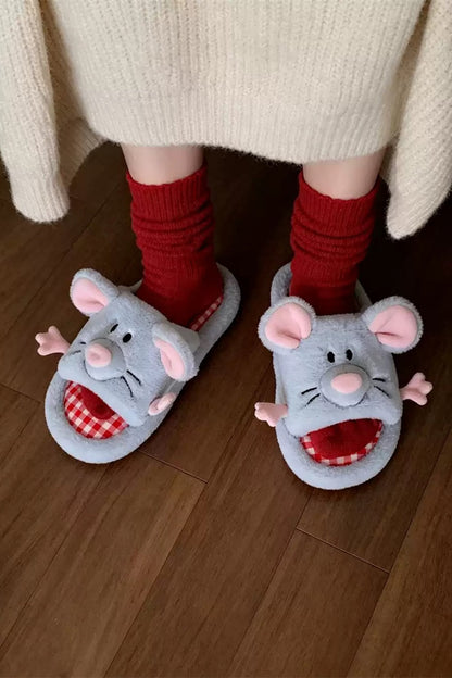 Cute Blue Mouse Slippers Aesthetic Warm Plush House Shoes