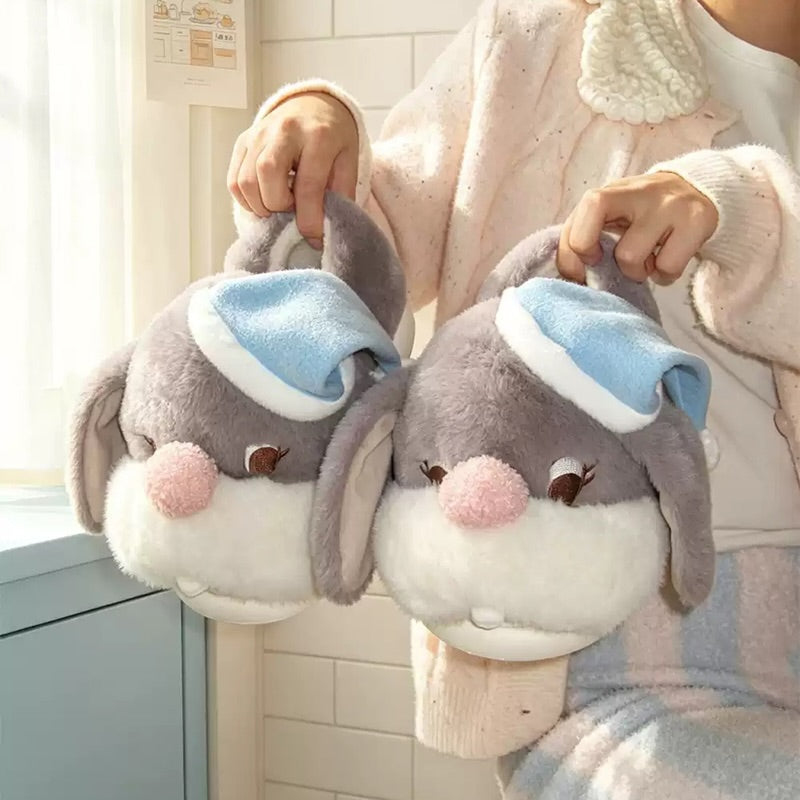 Gray winter cute sleep hat bunny slippers aesthetic warm plush house shoes