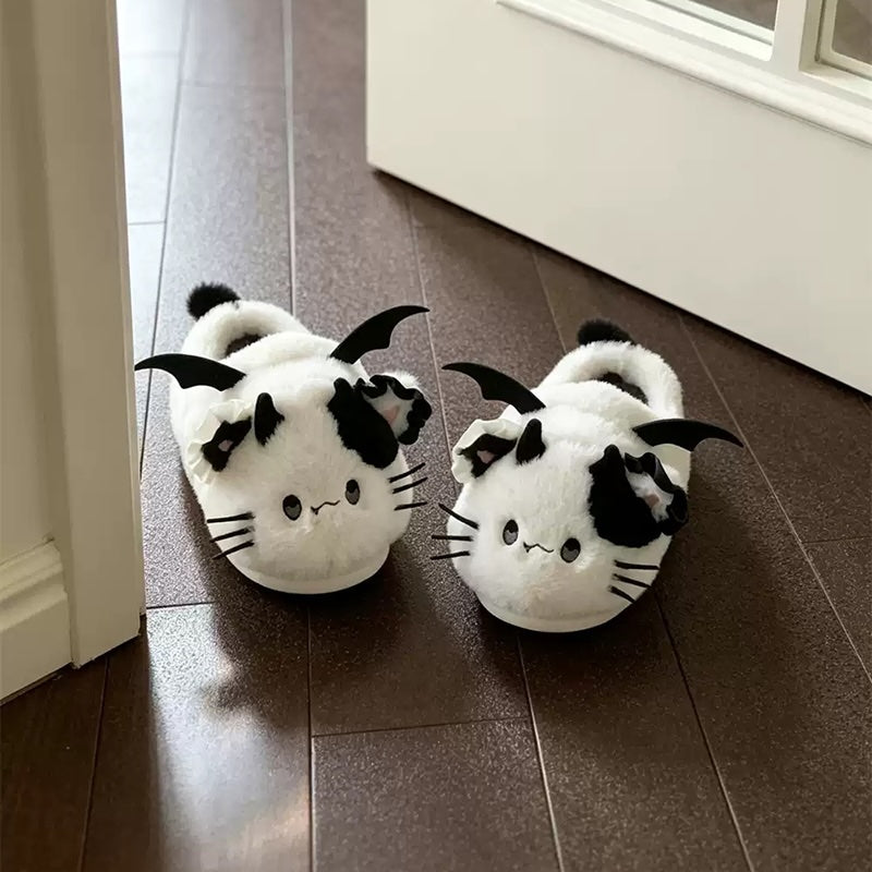 White winter cute bat cat slippers aesthetic warm plush house shoes